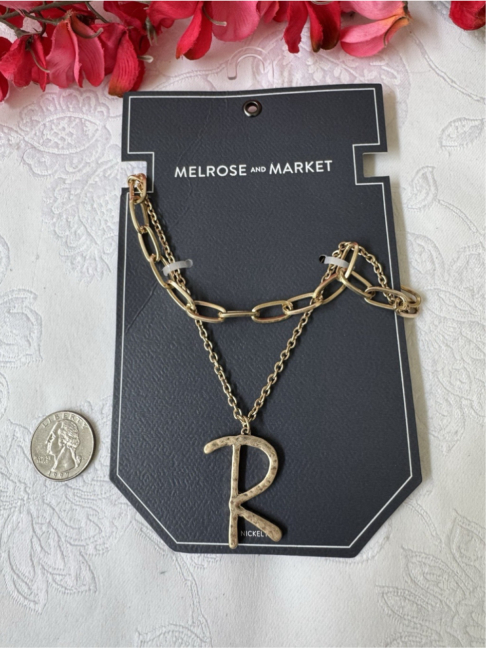 Melrose & Market Gold Tone 16.5" Wide 2 Chain LInk Initial R Charm Necklace NEW
